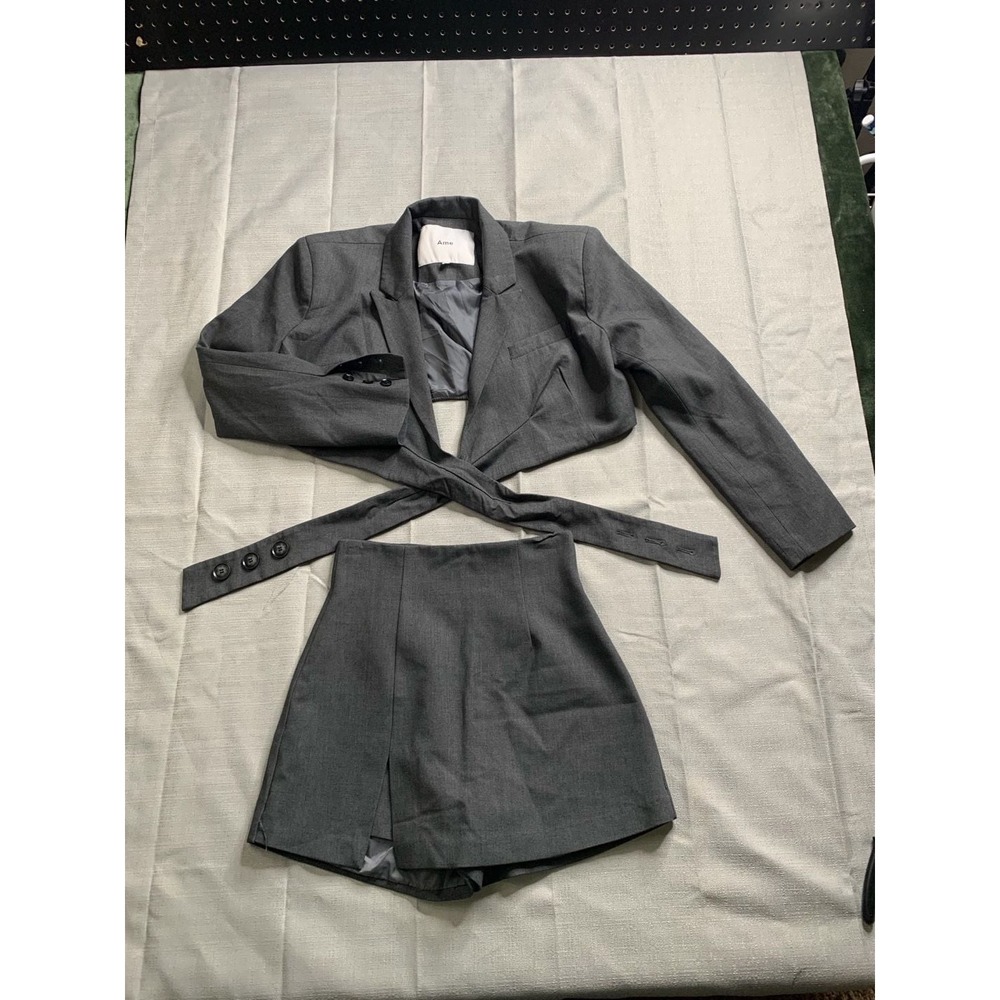 Ame Blazer Skort Set Women S Gray Cropped Tie Waist High Rise 2 Piece